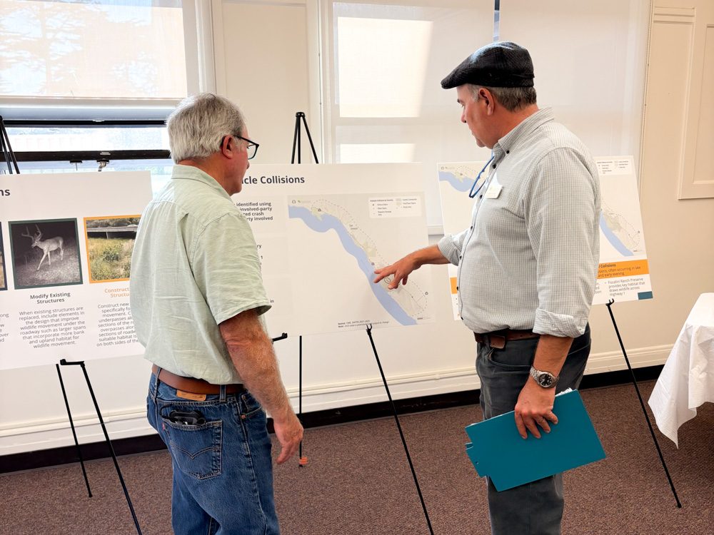 A group of community members and staff gather inside a brightly lit room at the Coast Unified School District for a Visioning Workshop, chatting in small groups and viewing information boards set up on easels.