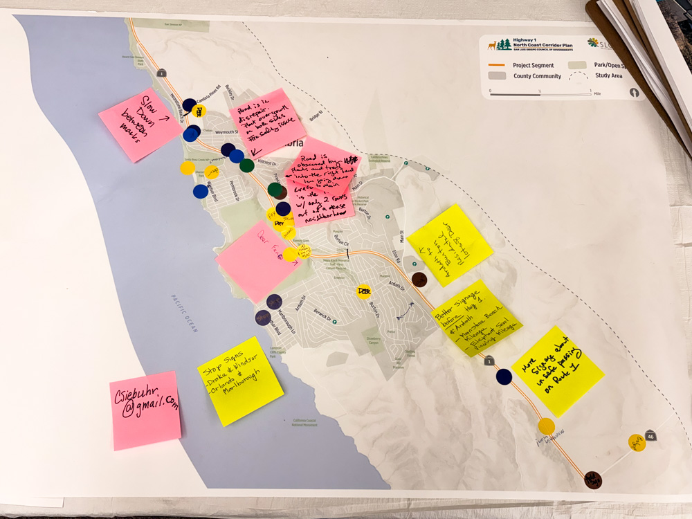 Information boards and community feedback set up on easels at the Coast Unified School District for a Visioning Workshop
